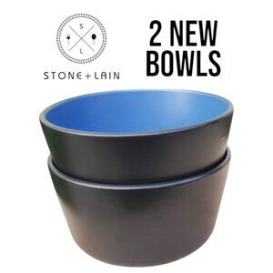 NEW Stone Lain 2 Bowls Stoneware Dinnerware Set Blue and Black Dishwasher and Mi
